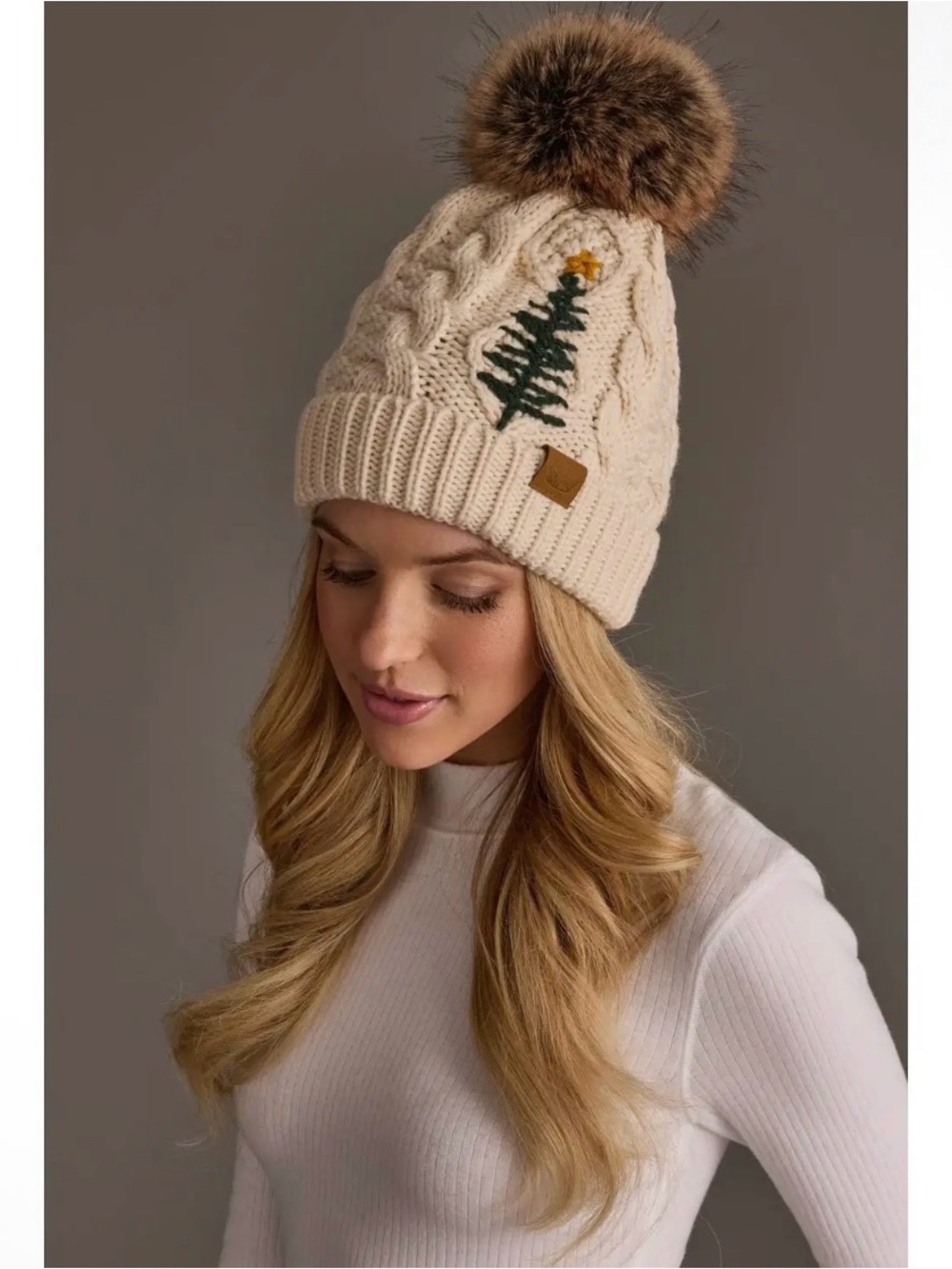 Cream Cable Knit Beanie with Soft Faux Fur Pom and Tree Embroidery